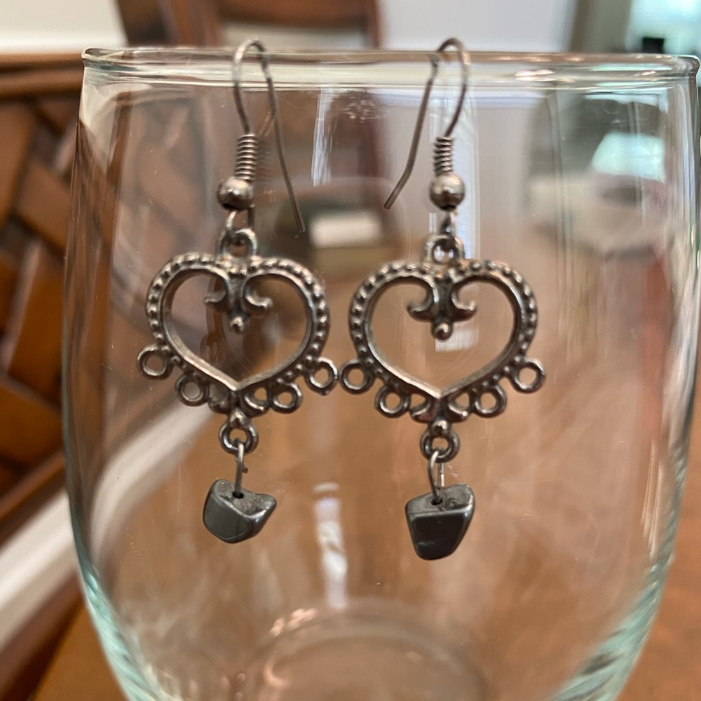 Silver Heart and Stone Earrings
